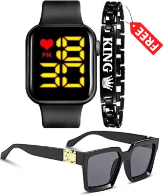 M John's BLACK KING BRACELET + STYLISH BADSHSH SUNGLASS + DIGITAL SQUARE SILICON STRAP Digital Watch  - For Boys