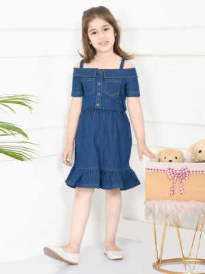 Lilpicks Girls Midi/Knee Length Casual Dress(Dark Blue, Sleeveless)