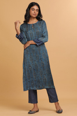 W Women Printed Straight Kurta(Dark Blue)