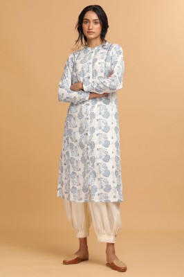 W Women Printed Straight Kurta(White, Blue)