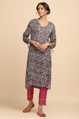 W Women Printed Straight Kurta(Grey)