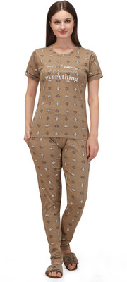 Lenissa Women Printed Beige Top & Pyjama Set