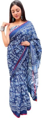 Pinkcity Trade World Printed, Color Block, Blocked Printed Daily Wear Pure Cotton Saree(Blue)