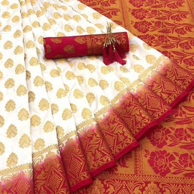 SSP TEX Woven Kanjivaram Silk Blend, Pure Silk Saree(White, Pink)