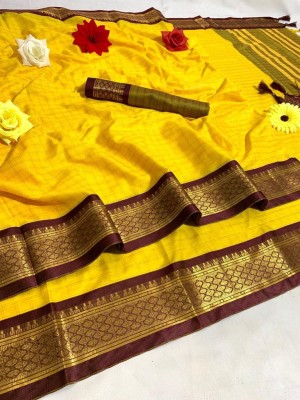 fionnenterprise Checkered Daily Wear Cotton Silk Saree(Yellow)