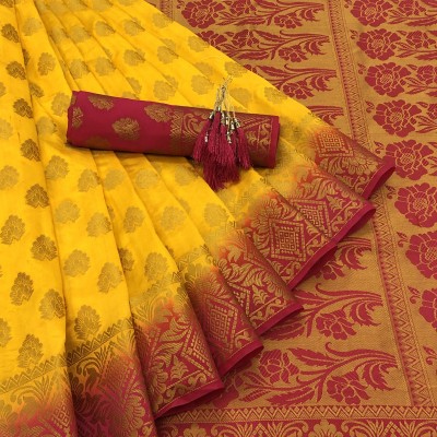 SSP TEX Woven Kanjivaram Silk Blend, Pure Silk Saree(Pink, Yellow)