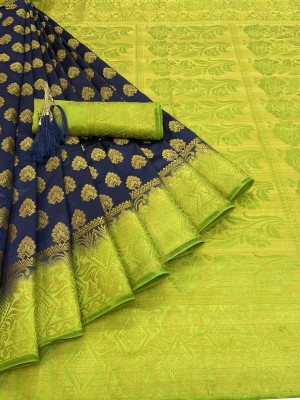 KanjiQueen Woven Banarasi Silk Blend Saree(Green, Blue)