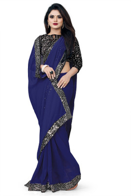 Enparmi Solid/Plain Bollywood Georgette Saree(Dark Blue)