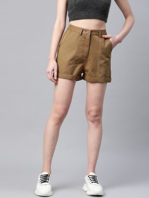 Popnetic Solid Women Khaki Regular Shorts