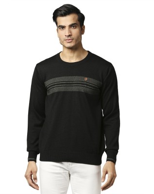 Raymond Striped Round Neck Casual Men Black, Grey Sweater