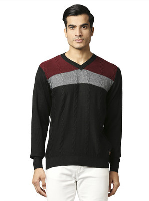 Raymond Colorblock V Neck Casual Men Black Sweater