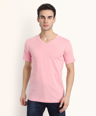BE AWARA Solid Men V Neck Pink T-Shirt