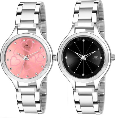 IIK Collection IIK-3013W-3030W Pink & Black Stone Studded Dial with Silver Bracelet Strap Combo Analog Watch  - For Women