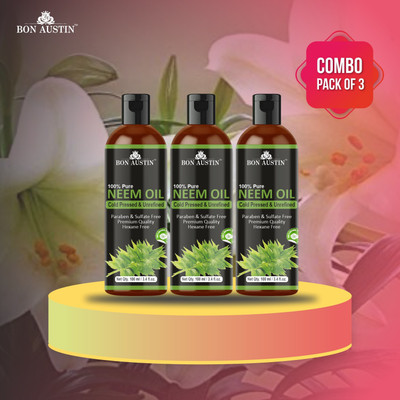 Bon Austin Premium Neem oil - Cold Pressed & Unrefined Combo pack of 3 bottles of 100 ml(300 ml)(300 ml)