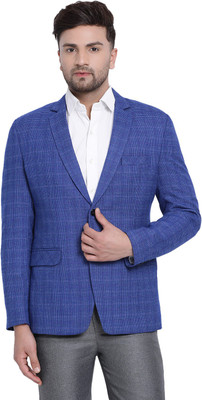 Platinum Studio Checkered Single Breasted Casual Men Blazer(Light Blue)