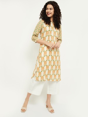 MAX Women Printed Straight Kurta(White, Yellow)