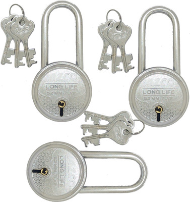 Azco Long 52mm-7 Levers, Double Lock with Silver Chrome Finish (combo Offer) 3 Padlock(Silver)