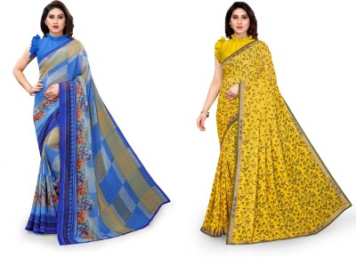 Madhur milan Floral Print Bollywood Georgette Saree(Blue, Yellow)