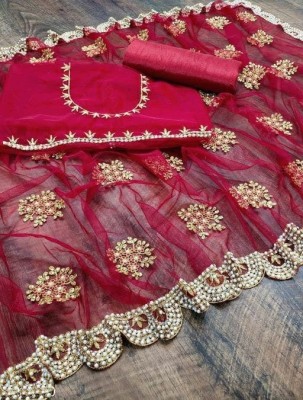 NEW BS Handwork Self Design, Embroidered, Embellished Bollywood Net Saree(Red)