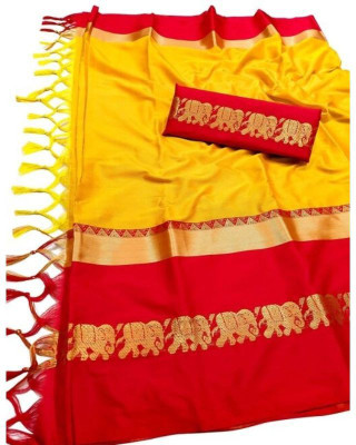 Fab Silk Woven Banarasi Cotton Silk Saree(Red, Gold)