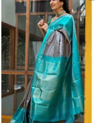 GREEN PEARS Woven Banarasi Jacquard Saree(Grey)