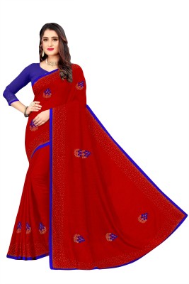 rudraCreation Embroidered Chanderi Art Silk, Lace Saree(Red)