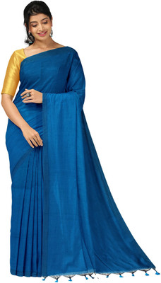 Bong ButiQ Solid/Plain Bollywood Cotton Blend Saree(Blue)