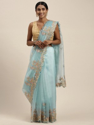 PANZORA Embroidered Bollywood Organza Saree(Light Blue)