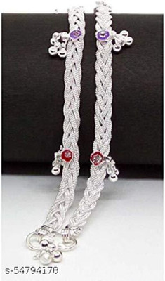 Sterling Silver with Jarkan Meena work Traditional Indian Payal for Women's Wear Silver Anklet