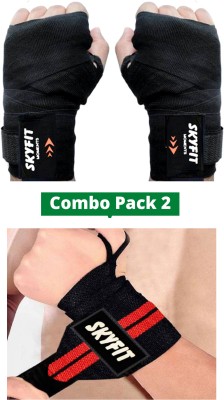 SKYFIT COMBO 2 BLACK WRAP AND RED WRISTBAND Gym & Fitness Gloves(Black, Red)