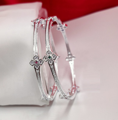 AK Brass, Metal Cubic Zirconia Silver Coated Bangle Set(Pack of 2)