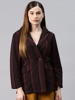 Cottinfab Striped Double Breasted Casual Women Blazer(Black, Red)