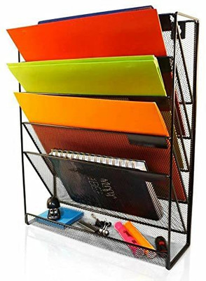 Cpixen 5 Compartments Metal File Sorter Paper Letter Organizer Metal Mesh(Black)