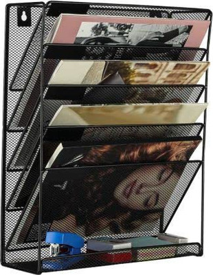 FLIPXEN 5 Compartments Metal Mesh Wall Magazine Rack File Organizer Holder 5- Tier Mesh Wall Mount(Black)