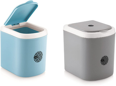 Liza Portable Table Dustbin/Desk Dustbin with Attached lid Mini Trash bin Bin for Car Plastic Dustbin(Blue, Grey, Pack of 2)