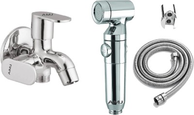 AMJ Bib Cock 2 Way with Silver HF Set with 1mtr SS Shower Hose and Abs Wall Hook Bib Tap Faucet(Wall Mount Installation Type)