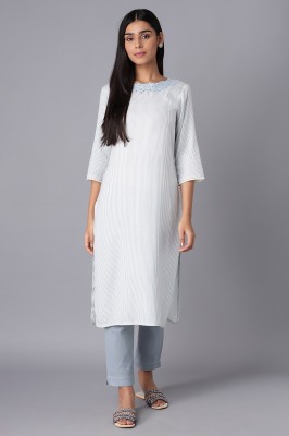 W Women Striped Straight Kurta(Blue)