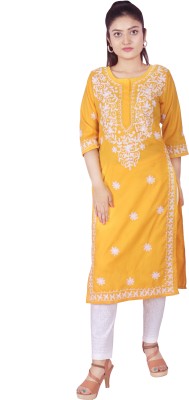 club fashion Women Embroidered Straight Kurta(Yellow)