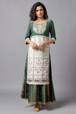 Aurelia Women Printed Straight Kurta(Green)