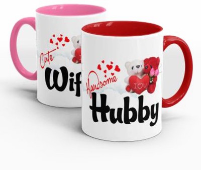 Ridhi Sidhi Design Hubby Wifey Ceramic Coffee Tea Cup (330 ml Each) Set Of 2 mug Ceramic Coffee Mug(330 ml, Pack of 2)