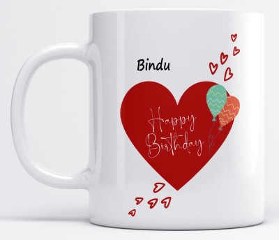 LOROFY Name Bindu Printed Happy Birthday Heart Design Ceramic Coffee Mug(325 ml)