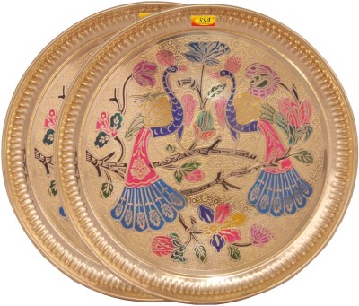 Shivshakti Arts Pure Brass Plate Thali Serving Purpose(Engraved Peacock Design, 10 Inch) -2 Pc Dinner Plate(Pack of 2)