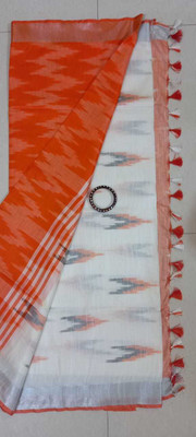 DD Handloom Printed Bhagalpuri Cotton Blend Saree(White, Orange)