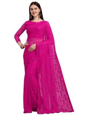 ELLAZY Self Design, Embellished Lucknow Chikankari Net Saree(Pink)