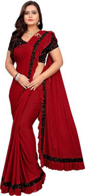 JAY AMBEY FABRICS Solid/Plain Bollywood Lycra Blend Saree(Red)