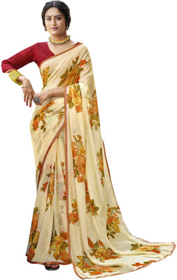 Pbs Prints Printed Bollywood Chiffon Saree(Cream)