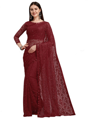 ELLAZY Self Design, Embellished Lucknow Chikankari Net Saree(Maroon)