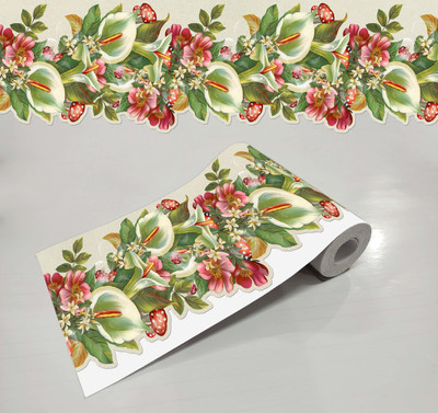 WALLDESIGN 914.4 cm Green Anthurium & Pink Anemone Flower Wall Edge Border Sticker (5.25 In x 30 Ft) Self Adhesive Sticker(Pack of 1)