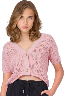 ONLY Self Design V Neck Casual Women Pink Sweater