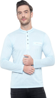 Jangoboy Solid Men Mandarin Collar Blue T-Shirt